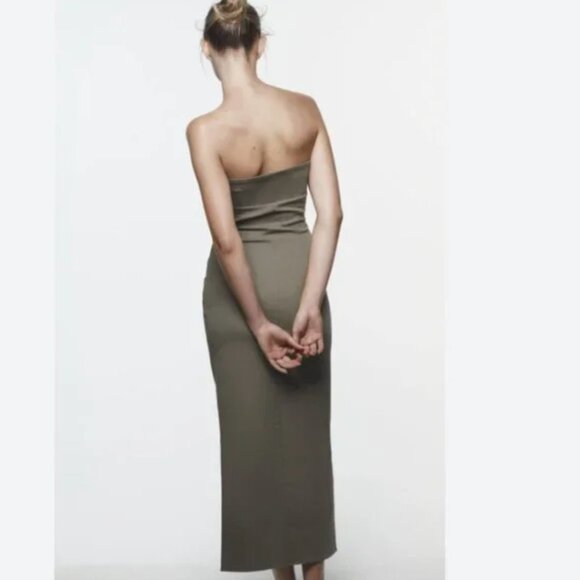ZARA DRAPED MIDI DRESS KHAKI - Picture 4 of 6